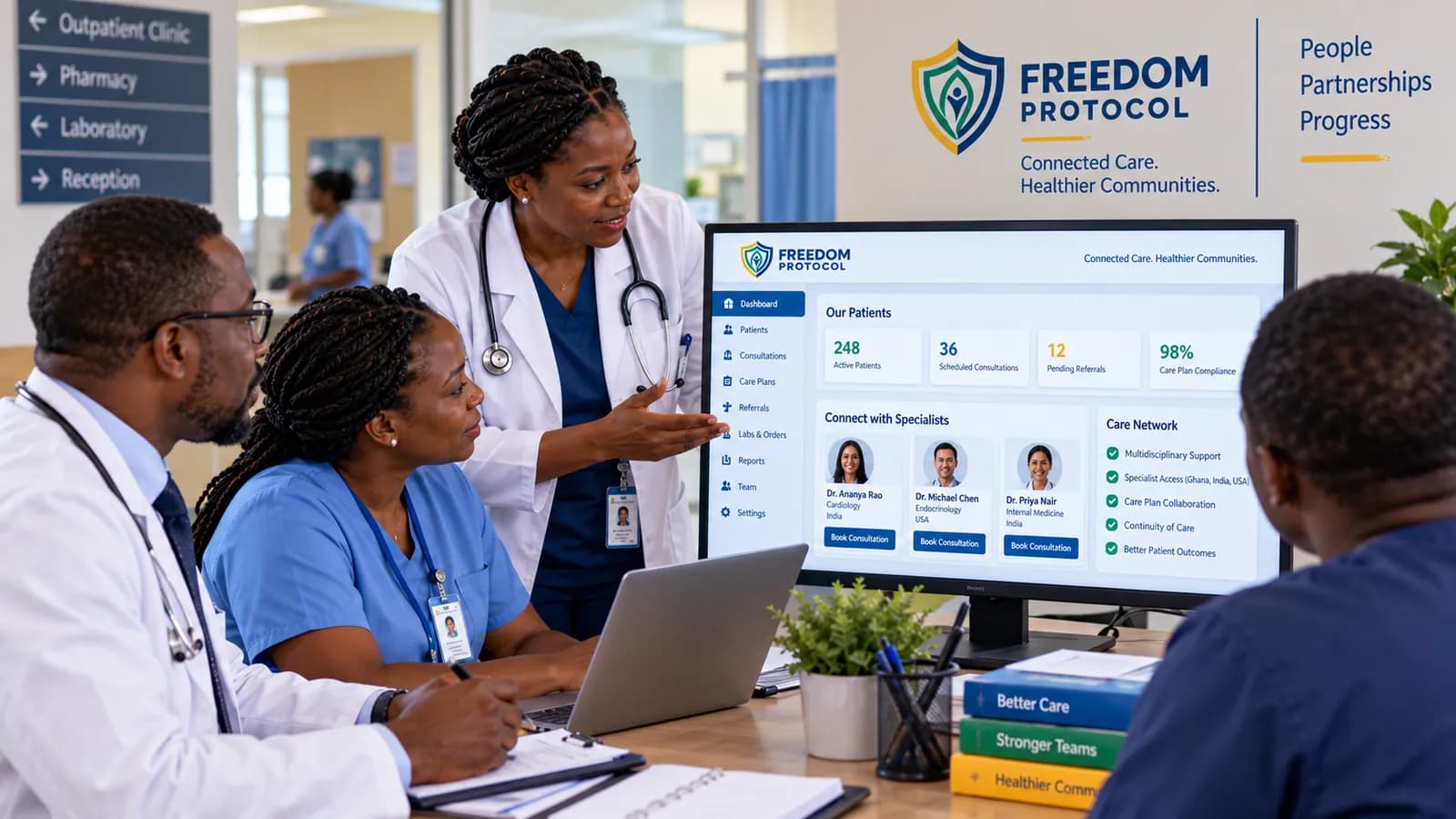 Healthcare professionals using the Freedom Protocol digital platform in a clinic