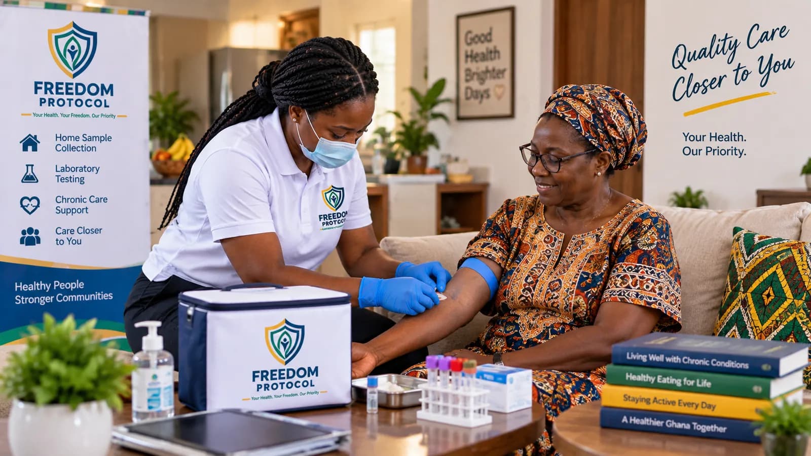 A healthcare professional collecting a blood sample during a home visit